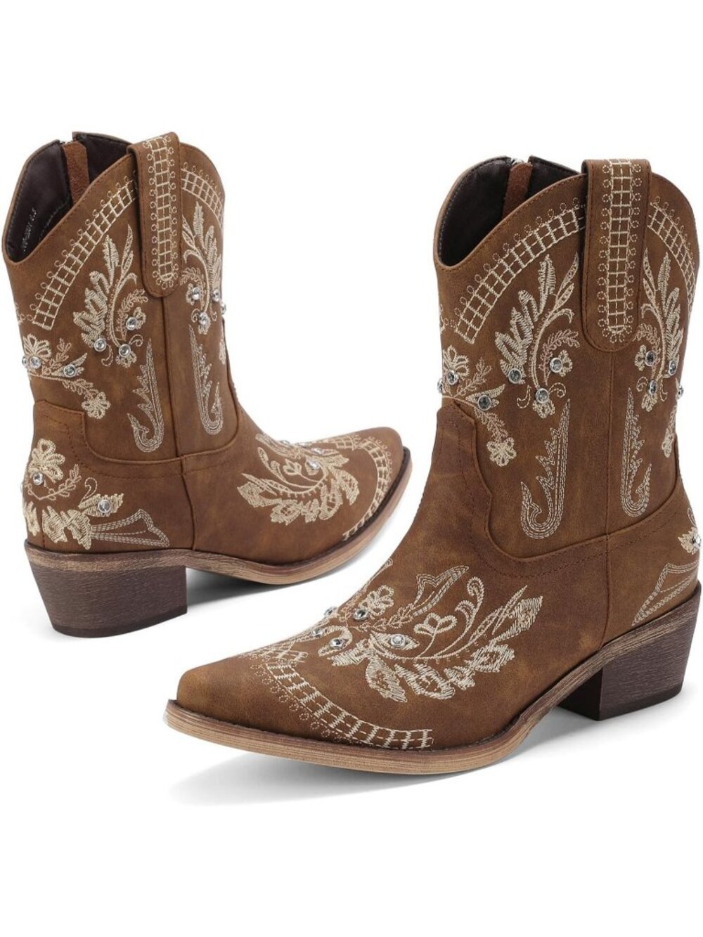 Women's Brown Comfortable Chunky Heel Side Zipper Embroidered Short Cowgirl Boot - Picture 3 of 7